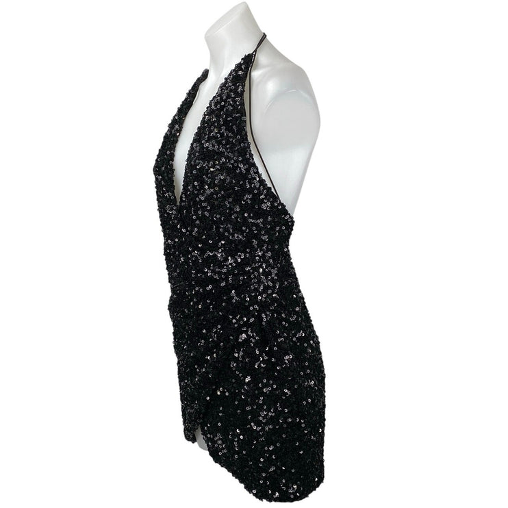 Oh Polly Black Sleeveless Sequin Plunging Halter V-neck Mini Bodycon Dress Sz 6