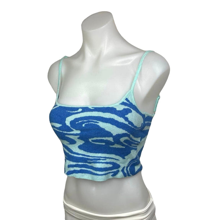 Blue Blush Tie Dye Marble Swirl Print Spaghetti Strap Cami Crop Sweater Top Sz S