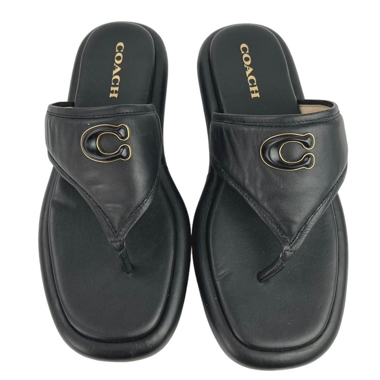 Coach Sylvie Black C-Logo Slip On Leather Platform Flip Flop Flats Sandals 10B