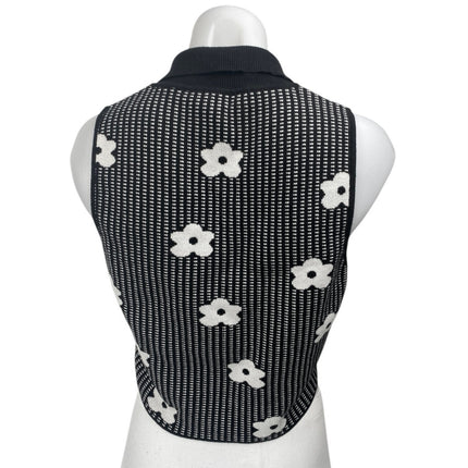 Le Lis Black Floral Knit Sleeveless Button Collar Crop Polo Vest Tank Top Size L