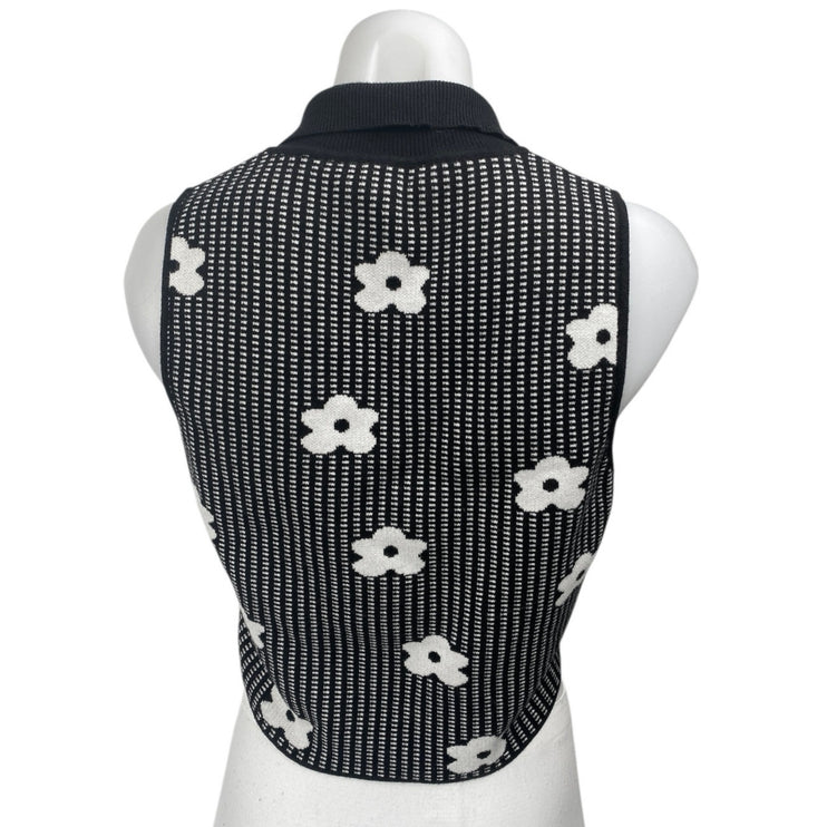 Le Lis Black Floral Knit Sleeveless Button Collar Crop Polo Vest Tank Top Size L