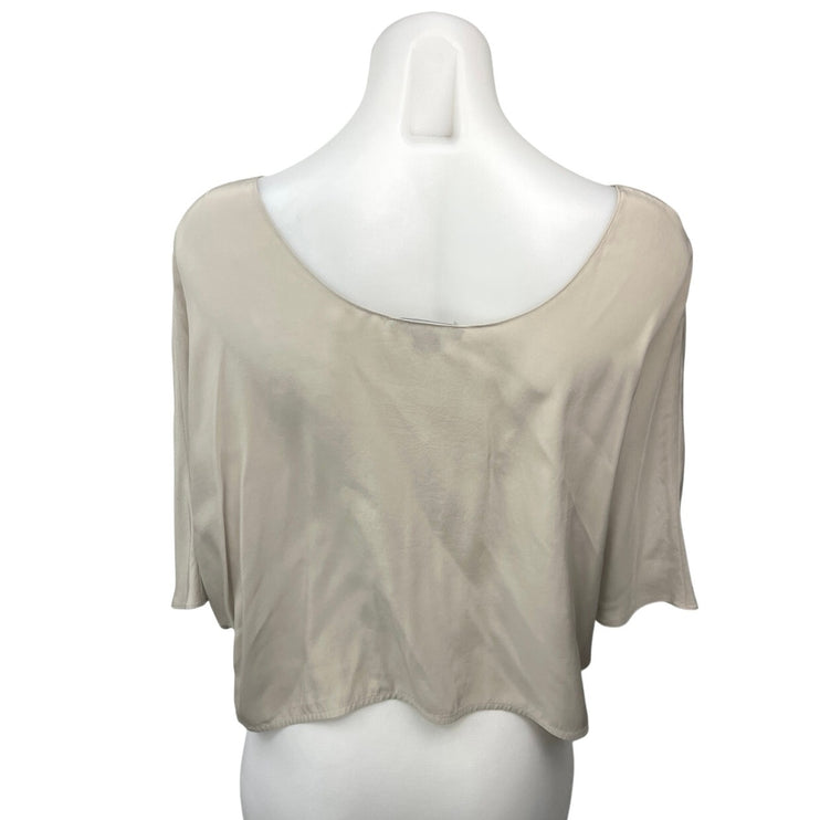 Vince Women's Ivory White Silk Satin Boat Neck Short Sleeve Crop Blouse Top XS