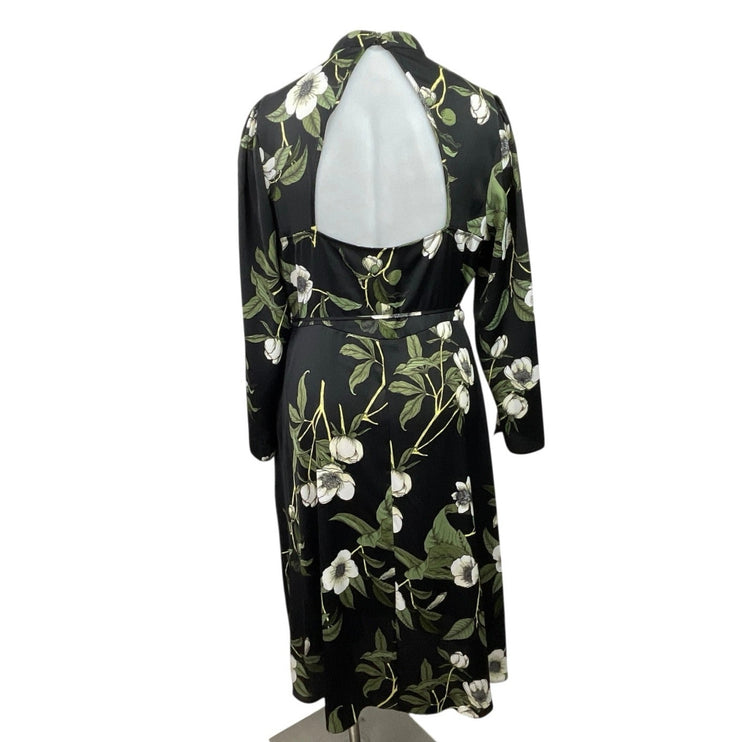 River Island Black Floral Long Sleeve Open Back Mock Neck Wrap A-Line Dress 18