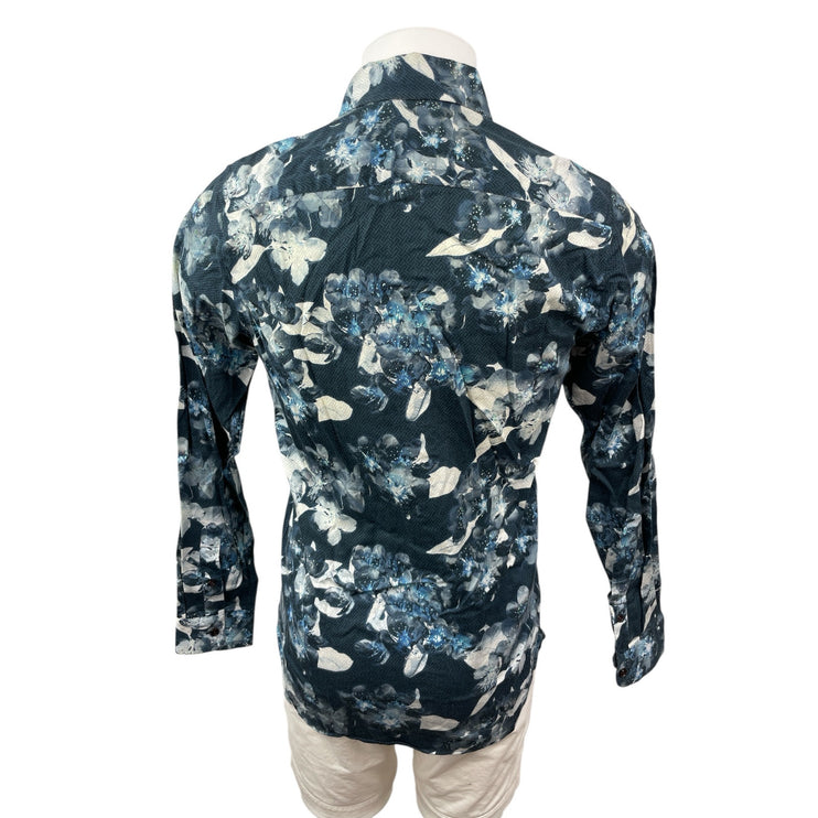 Ted Baker Men's Blue Floral Modern Fit Long Sleeve Button Down Shirt Top Size 15