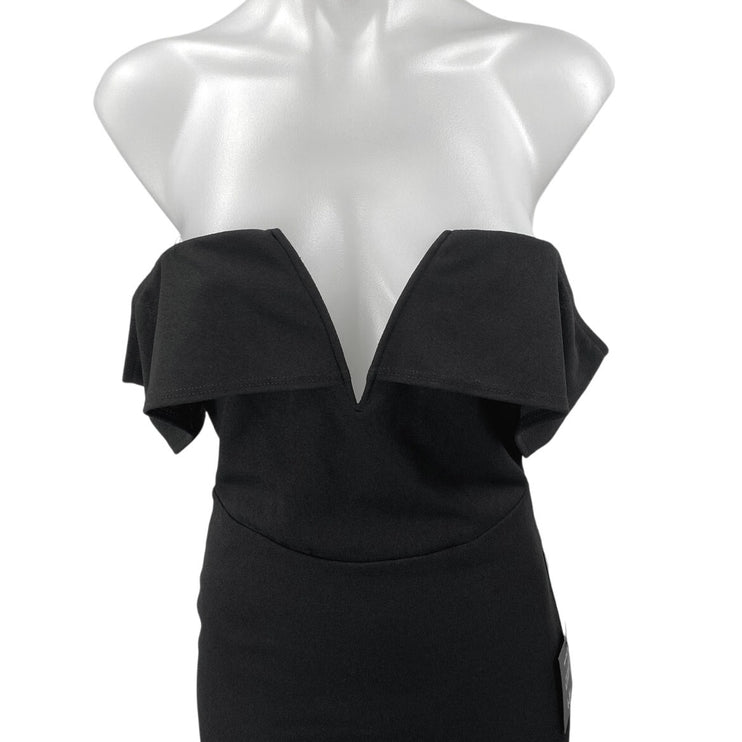 NEW Lulus Black Off The Shoulder V-neck Strapless Midi Bodycon Shealh Dress Sz S