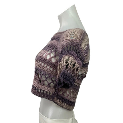 Women's Purple Short Sleeve Crochet Open Knit Boat Neck Boho Crop Top Size S