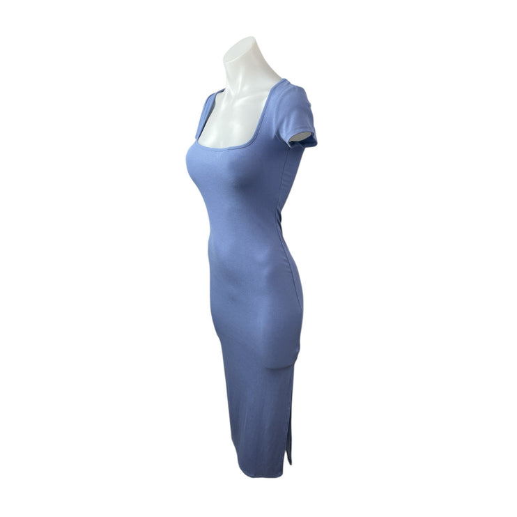 See You Monday Blue Ribbed Knit Short Sleeve Square Neck Midi Bodycon Dress S