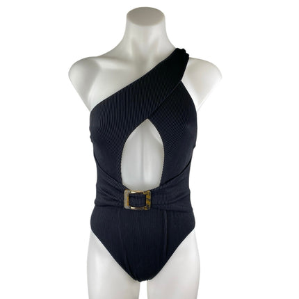 River Island Black Sleeveless One Shoulder Cutout Buckle One piece Swimsuit Sz 8