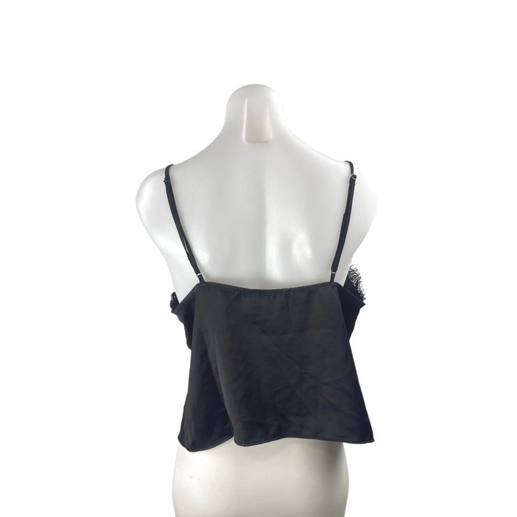 Open Edit Women Black Satin Lace V Neck Sleeveless Crop Lingerie Cami Tank Top L