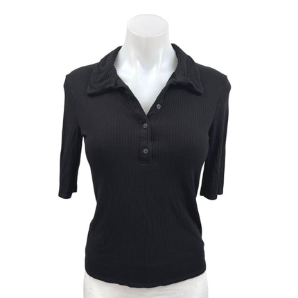 MNG Mango Women's Black Rib Knit Collared Button Half Sleeve Polo Sweater Top S