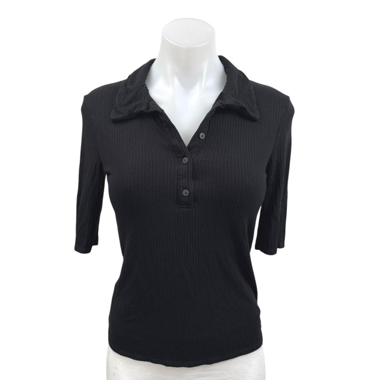 MNG Mango Women's Black Rib Knit Collared Button Half Sleeve Polo Sweater Top S