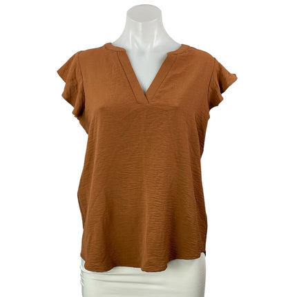 Adrianna Papell Women's Brown V Neck Flutter Sleeve High Low Blouse Top Size S