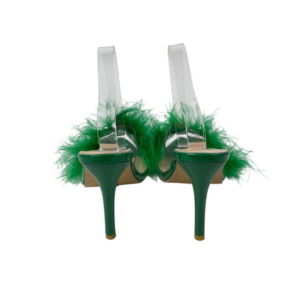 Women's Green Clear Strap Feather Trim Pointed Toe Stiletto Heels Sandals Sz 9.5