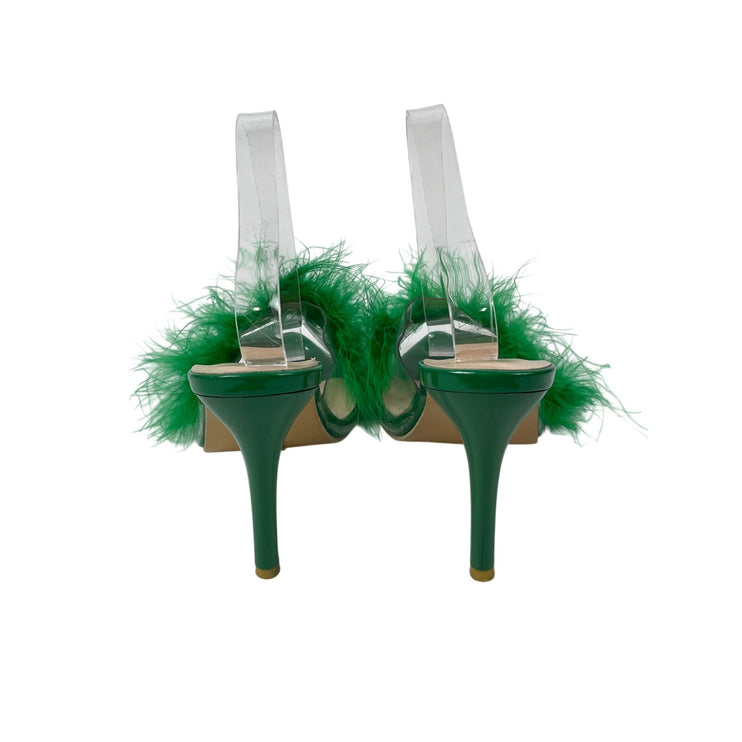 Women's Green Clear Strap Feather Trim Pointed Toe Stiletto Heels Sandals Sz 9.5