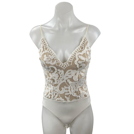 Hello Molly White Beige Floral Lace Sleeveless V Neck Cami Tank Bodysuit Top XS