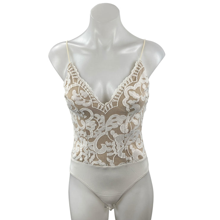 Hello Molly White Beige Floral Lace Sleeveless V Neck Cami Tank Bodysuit Top XS