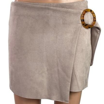 Zara Women's Beige Faux Suede Zip Y2k Ring Boho Mini Skirt Short Skort Size S