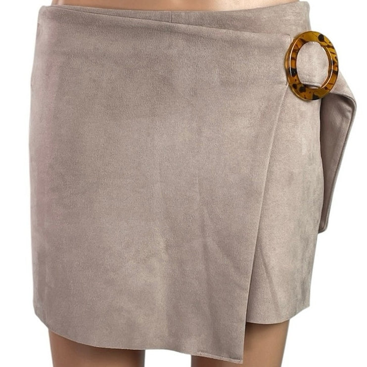 Zara Women's Beige Faux Suede Zip Y2k Ring Boho Mini Skirt Short Skort Size S