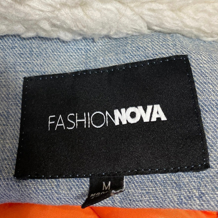 Fashion Nova Women's Blue Sherpa Fleevce Button Long Sleeve Denim Jeans Jacket M