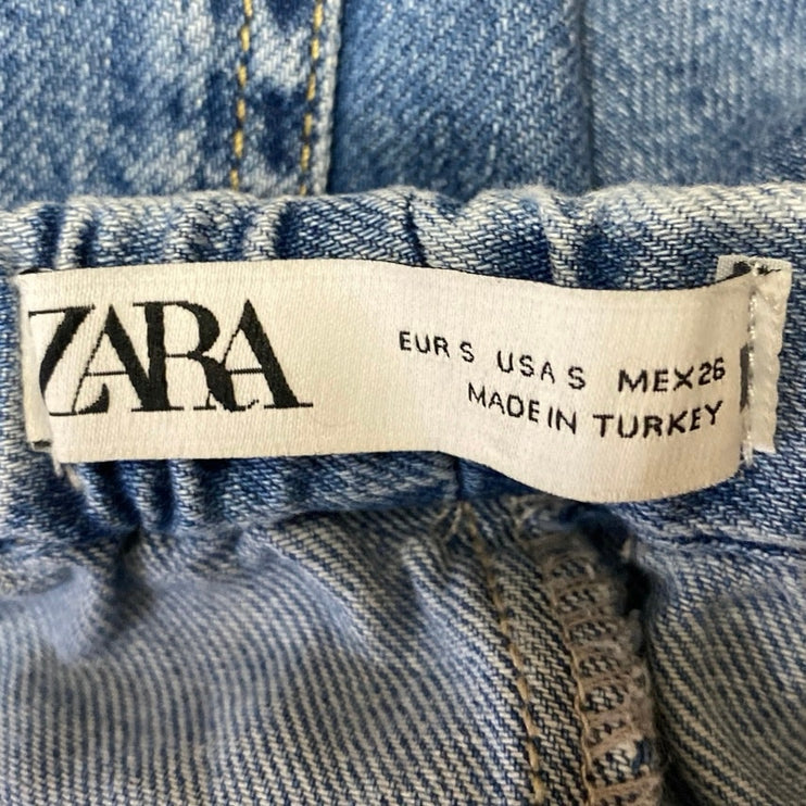 Zara Women's Blue High Waisted Tie Waist Wide Leg Baggy Denim Jeans Size S