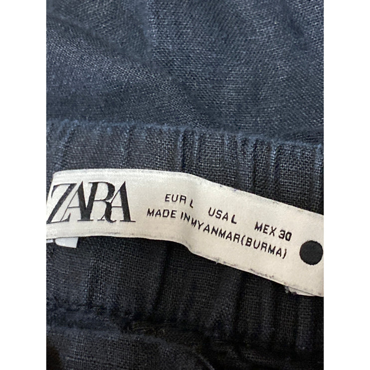 Zara Women's Black Linen High Waisted Tapered Ankle Jogger Trousers Pants Size L