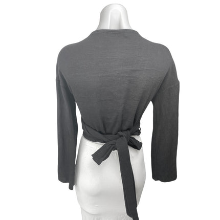 Storets Women's Black Long Bell Sleeves Tie Cropped V Neck Wrap Blouse Top Sz S