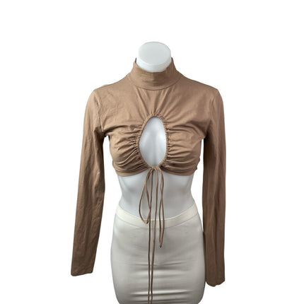 Isalis Womens Brown Tan Cutout Ruched Tie Keyhole Knot Mock Neck Crop Top Size M
