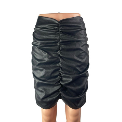 Hyfve Women's Black Faux Leather Vegan High Waist Ruched Pencil Mini Skirt Sz S