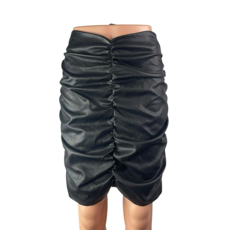 Hyfve Women's Black Faux Leather Vegan High Waist Ruched Pencil Mini Skirt Sz S