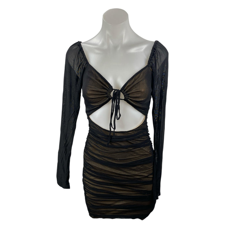 Forever 21 Black Mesh Long Sleeve Tie Knot Cutout Mini Bodycon Dress Size S