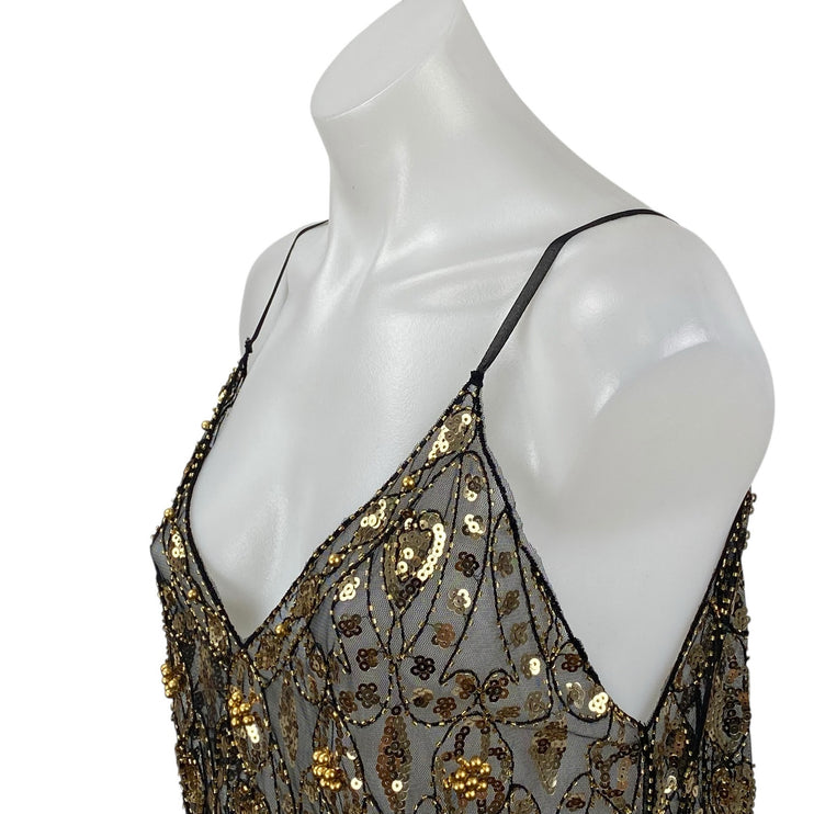 NEW Edyisa Cristina Embellished Women's Gold Sequin Sheer Mesh Cami Tank Top S/M