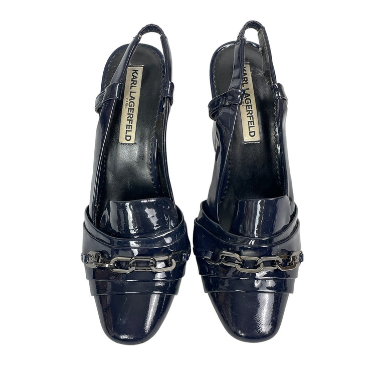 Karl Lagerfeld Paris Georgia Chain Navy Blue Block Heels Slingback Pumps Sz 7.5
