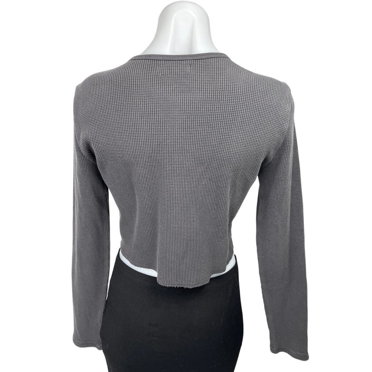 Madewell Women's Gray Waffle Knit Long Sleeve Crew Neck Crop Sweater Top Size M