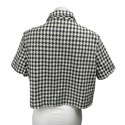 Shein Black White Houndstooth Plaid Check Short Sleeve Button Crop Shirt Top XL