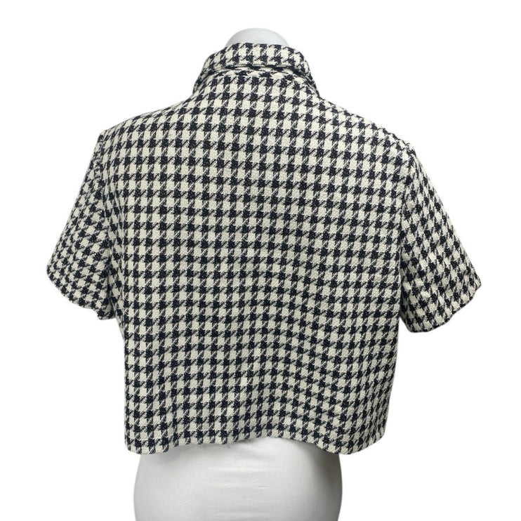 Shein Black White Houndstooth Plaid Check Short Sleeve Button Crop Shirt Top XL