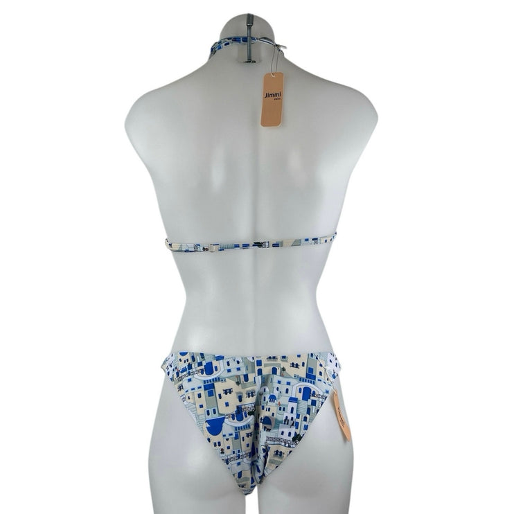 NEW Jimmi Blue Santorini Graphic Print Halter Cover Up Two Piece Bikini Set Sz M