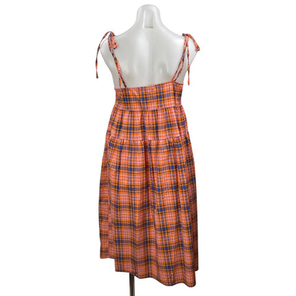 Collusion Orange Blue Plaid Check Sleeveless Tie Tiered A Line Midi Dress Size 6