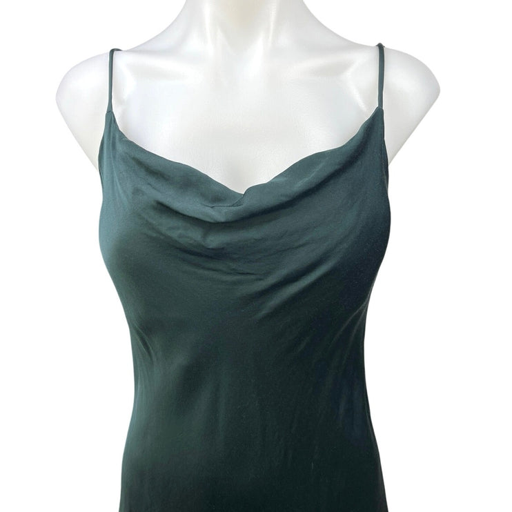 Zara Green Silk Satin Cowl Neck Spaghetti Cami Camisole Midi Tank Slip Dress S