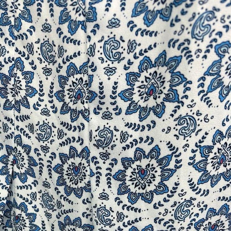 Premise White Blue Paisley Floral Print Crew neck Short Sleeve Blouse Top Size L