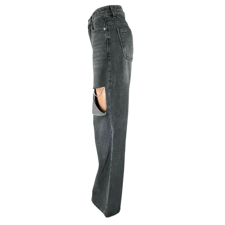 12th Tribe Women's Black Distressed High Rise Wide Leg Baggy Denim Jeans Size S