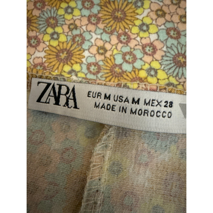 Zara Yellow Floral Silk Satin Short Puff Sleeve Bustier Mini Bodycon Dress Sz M