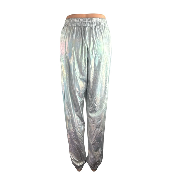 Womens Shiny Metallic Holographic Palazzo Wide Leg Track Jogger Trousers Pants S