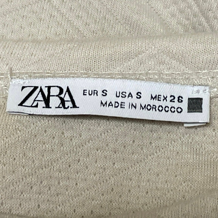 Zara Women's Beige Short Puff Sleeve Embossed Crew Neck Shift Mini Dress Size S