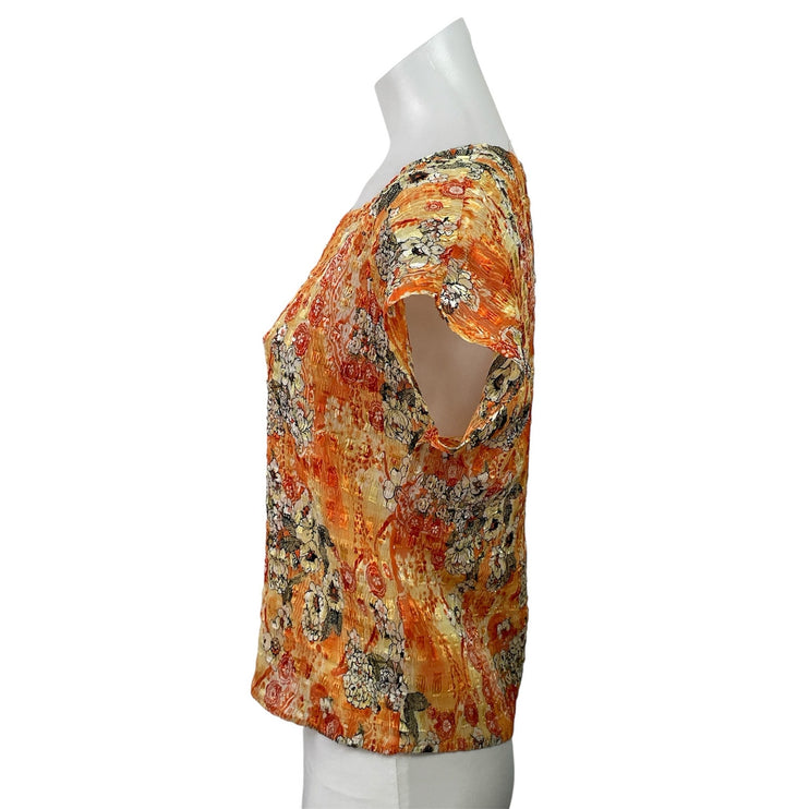 Belissimo Women's Coral Floral Short Sleeve Smocked Stretch Blouse Top Size LP