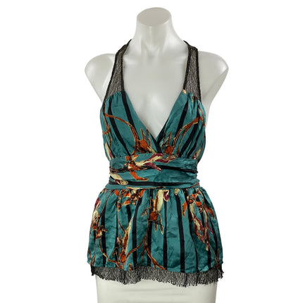 HYPE Teal Stripe Sleeveless Racerback Mesh Tie Waist Peplum Blouse Top Size M