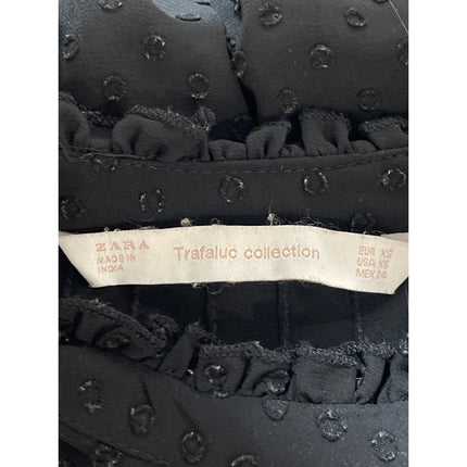 Zara Womens Black Texture Dot Ruffle Button Up Long Sleeve Peasant Blouse Top XS