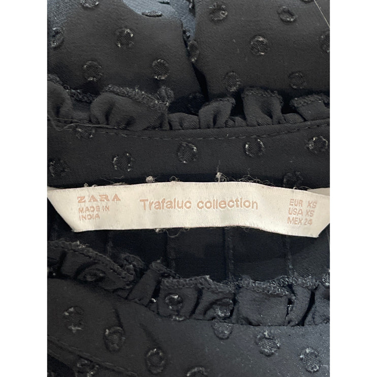 Zara Womens Black Texture Dot Ruffle Button Up Long Sleeve Peasant Blouse Top XS