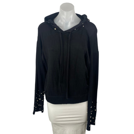 Elan Women's Black Pearl Beaded Long Sleeve Hoodie Hooded Sweatshirt Top SIze M