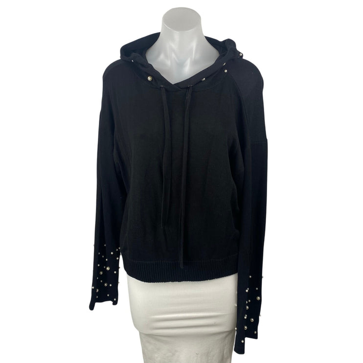 Elan Women's Black Pearl Beaded Long Sleeve Hoodie Hooded Sweatshirt Top SIze M