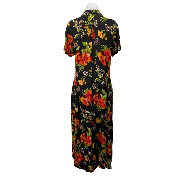Jones New York Black 100% Silk Floral V Neck Button Up Maxi Shirt Dress Size 12